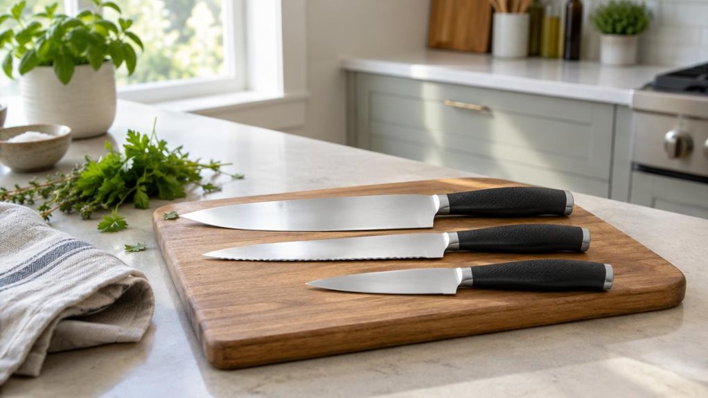 A photograph of a three-piece kitchen knife set arranged neatly on a pale stone countertop in a bright, modern home kitchen. The knives rest side by side on a simple wooden cutting board, their clean stainless-steel blades catching soft window light and their dark, textured handles clearly visible. A folded linen towel and a few fresh herbs sit nearby, adding a casual, lived-in touch without distracting from the set. In the softly blurred background, understated cabinetry and