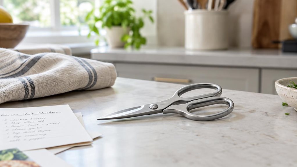 A photograph of a single pair of 13 cm stainless-steel scissors resting casually on a pale stone countertop in a bright, modern kitchen. The scissors are the clear hero, placed at a slight diagonal beside a folded linen tea towel and a few paper recipe notes, as if recently set down rather than arranged for a catalog. Their compact metal blades catch soft highlights from a nearby window, while the simple ergonomic handles remain clearly visible. The horizontally composed 16:9