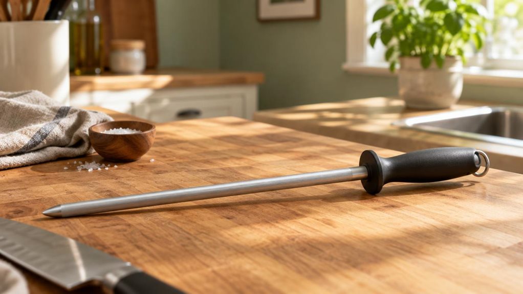 A photograph of a ZWILLING sharpening steel resting diagonally across a wooden butcher block countertop in a sunlit kitchen. The steel's brushed stainless surface catches warm morning light streaming through a nearby window, creating subtle highlights along its ridged length and the dark, ergonomic handle. Scattered nearby are a few kitchen essentials—a folded linen towel, a small wooden bowl with sea salt, and the soft-focused edge of a chef's knife just out of frame, sugges