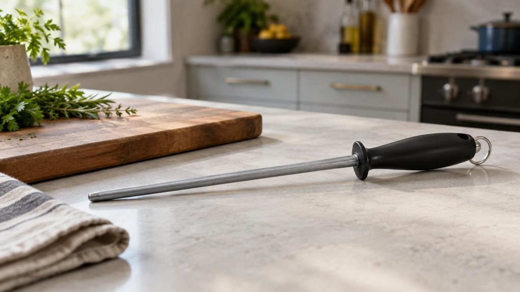 A photograph of a single 31 cm sharpening steel resting naturally on a pale stone kitchen countertop, its long, finely textured steel rod and smooth dark handle clearly visible. The tool sits beside a wooden cutting board and a folded linen towel, with a few fresh herbs nearby, suggesting an everyday home kitchen without showing anyone using it. Soft window light falls across the metal, creating subtle highlights and gentle shadows. In the softly blurred background, modern ca