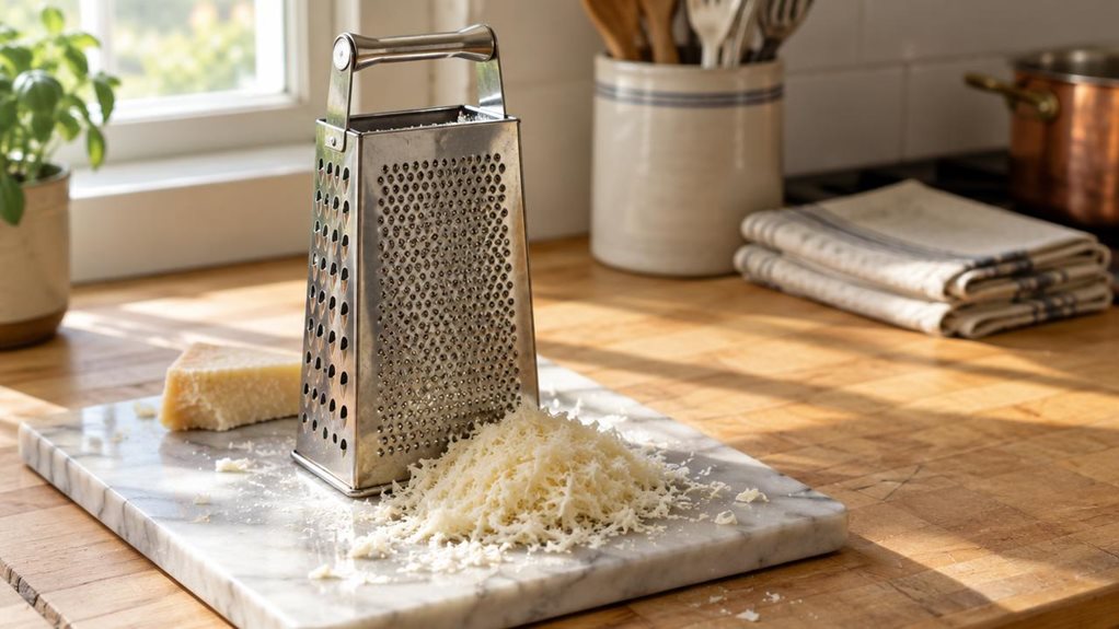 A photograph of a stainless steel square standing grater resting on a light oak butcher block countertop, positioned slightly off-center in a sunlit kitchen. The grater's angular, box-like silhouette catches soft morning light streaming through a nearby window, highlighting the fine stamped perforations on its sharp cutting surfaces. A small pile of freshly grated parmesan sits beneath it on a marble cutting board, with a few loose curls scattered naturally around the base. I
