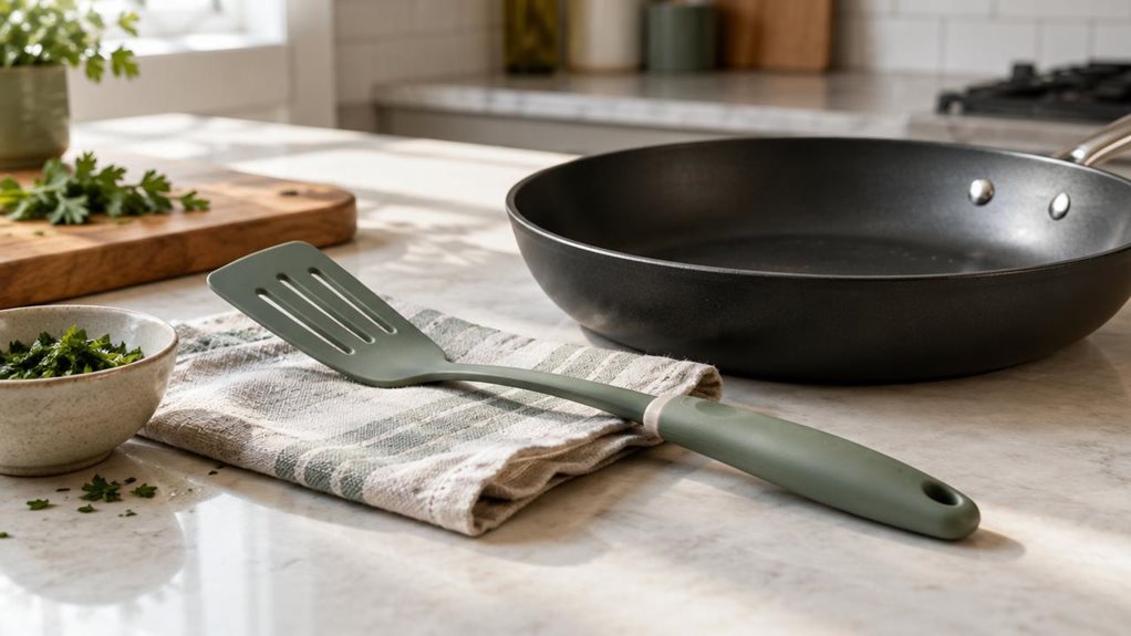 A photograph of a single easy-lift spatula resting naturally beside a nonstick skillet on a clean, modern kitchen counter, composed horizontally in a 16:9 landscape frame. The spatula is the clear hero, its slim heat-resistant head and ergonomic handle shown in crisp detail, angled casually across a folded linen tea towel. A few everyday cooking details—a small bowl of chopped herbs and a wooden cutting board—sit nearby without distracting from the product. The scene feels ca