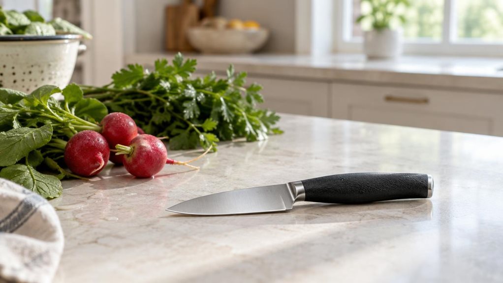 A photograph of a single compact 9 cm vegetable knife resting naturally on a pale stone kitchen countertop, its clean stainless-steel blade and textured dark handle clearly visible. A few freshly washed radishes and a small bunch of herbs sit nearby, suggesting everyday kitchen use without showing anyone cutting or handling the knife. The horizontally composed 16:9 landscape scene feels candid and observational, as if casually captured with a high-end camera in a bright, mode