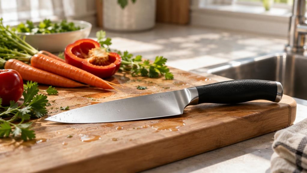 A photograph of a bright kitchen countertop bathed in soft morning light streaming through a nearby window. A sleek vegetable knife with a textured, ergonomic black handle rests diagonally atop a wooden cutting board, its polished stainless steel blade catching a gentle highlight along the edge. Scattered around it are freshly washed vegetables—vibrant orange carrots, a halved red bell pepper, and a few sprigs of parsley—arranged naturally as if mid-preparation but momentaril