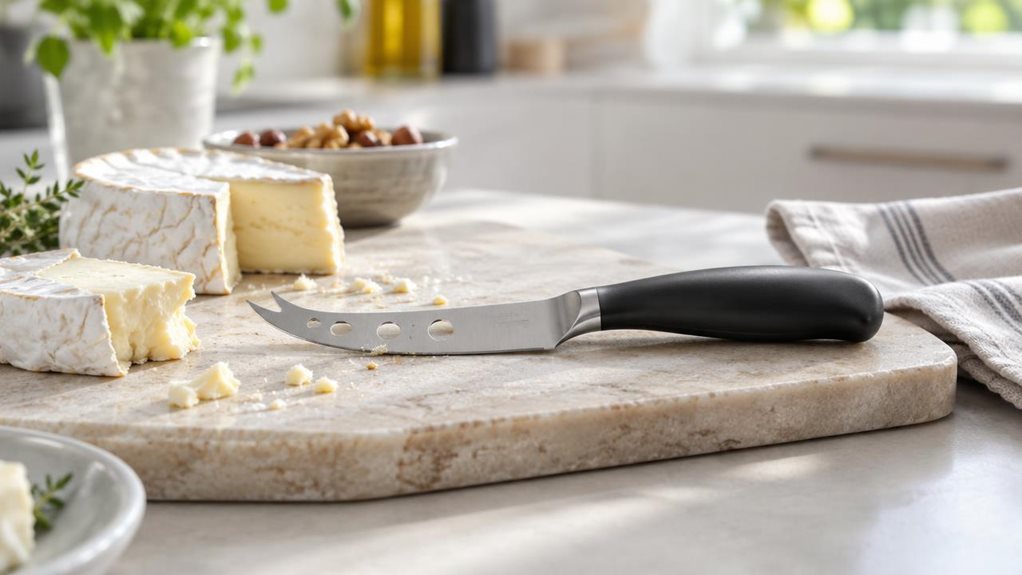 A photograph of a single 13 cm cheese knife resting casually on a pale stone serving board in a bright, modern kitchen. Its slim stainless-steel blade has a gently curved tip and subtle perforations, paired with a smooth, ergonomic dark handle; realistic brushed-metal highlights and fine surface details make it feel like a well-used, high-quality kitchen tool. Nearby, a few wedges of soft cheese, scattered crumbs, and a folded linen napkin suggest an everyday serving setup, a