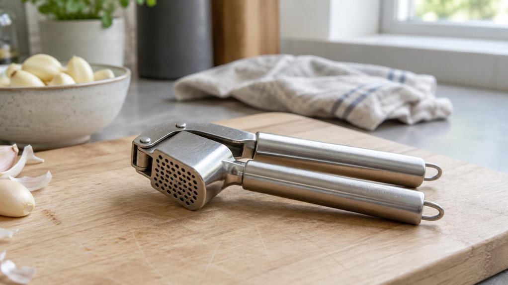 A photograph of a single stainless steel garlic press resting casually on a pale oak cutting board in a bright, modern kitchen, framed in a horizontal 16:9 landscape composition. The scene feels candid and observational, as if captured during a quiet afternoon of meal prep, with a softly blurred background showing a ceramic bowl of peeled garlic cloves, a linen towel, and muted matte countertops. Natural window light washes across the metal surface, revealing subtle reflectio