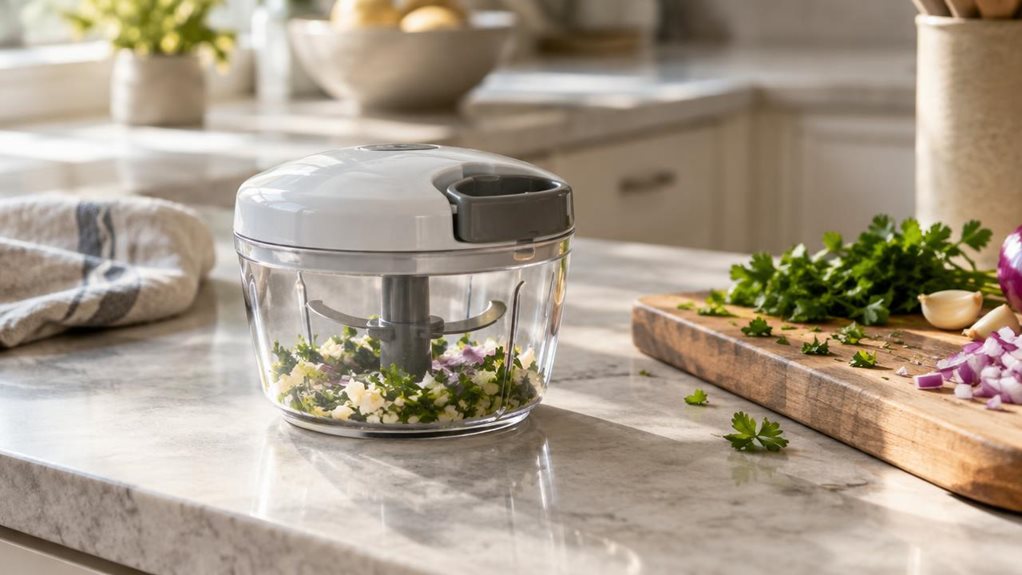 A photograph of a single compact manual kitchen chopper resting naturally on a sunlit countertop in a modern home kitchen, captured in a horizontal 16:9 landscape frame. The clear bowl sits beside a neatly arranged cutting board with a few freshly chopped herbs and vegetable pieces nearby, suggesting recent everyday use without showing any action. The chopper has a clean, practical design with a low-profile lid, pull-cord mechanism, and a simple, realistic plastic-and-metal b